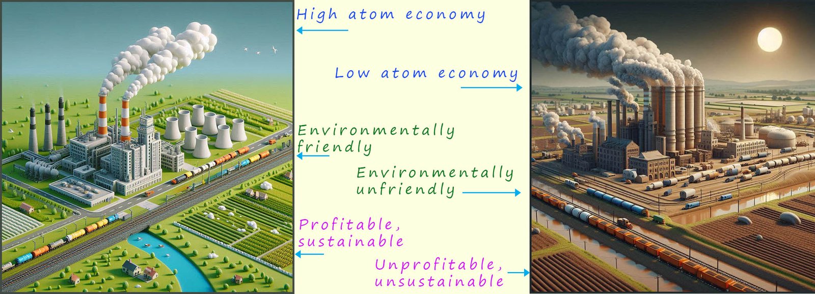 An image which compares chemical factories with high and low atom economies and which are sustainable and environmentally friendly.